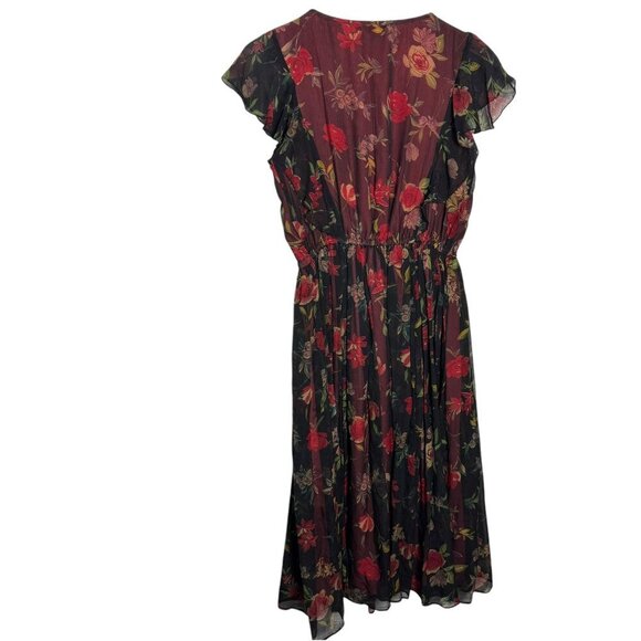 J. Peterman Womens Floral Midi Dress V-Neck Ruffle Sleeves Size 6 Red & Black - Picture 4 of 8